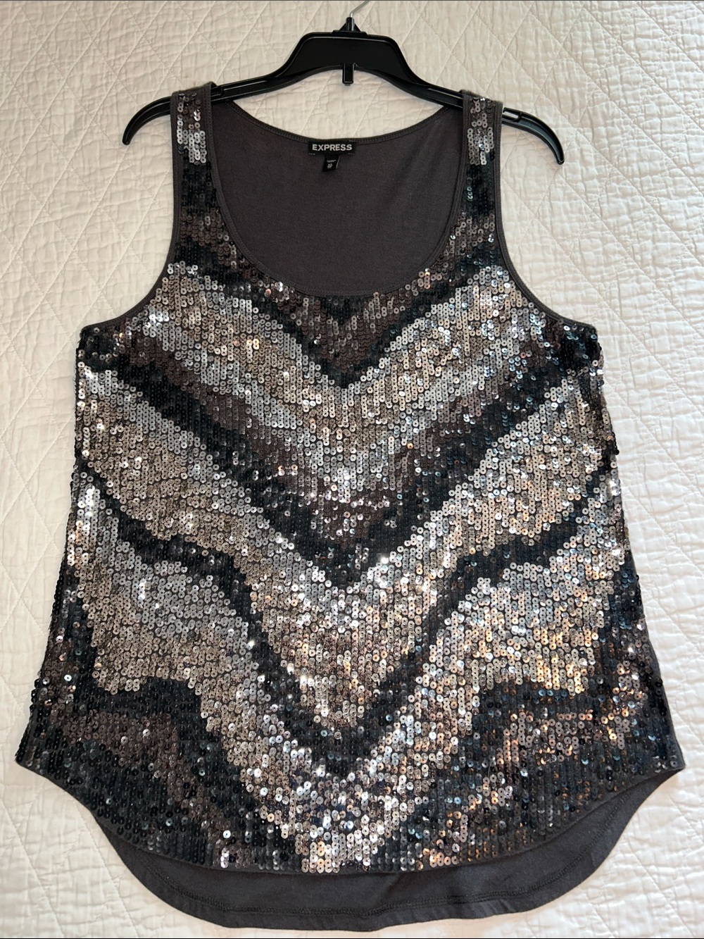 Express Women's Black and Silver Sequin Tank